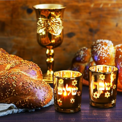 Image of Honeydak Set of 2 Shabbat Candles Holders Gold Jewish Judaica Gift Set Electroplated Glass Modern Shabbat Candlestick Holders for Tea Lights Hanukkah Gifts