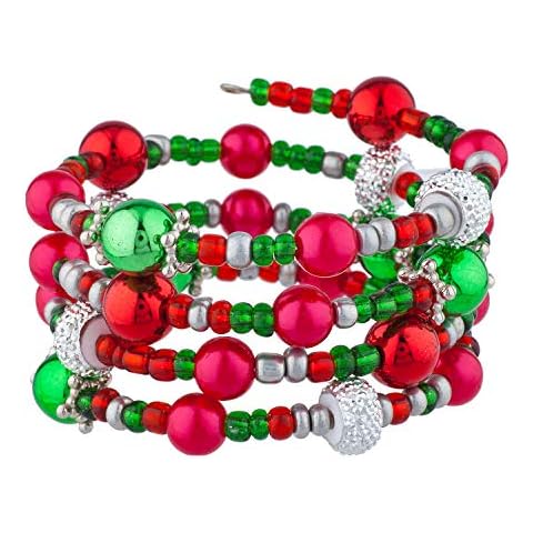 LUX ACCESSORIES Red Green Silver Tone Christmas Balls Wrap Fashion Bracelet Cover