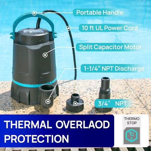 Aquastrong Sump Pump 1 HP 4500 GPH Submersible Water Pump Thermoplastic Portable Utility Pump High Flow Water Removal for Swimming Pool Garden Pond Basement Window Wells with 10ft Long Power Cord - 4