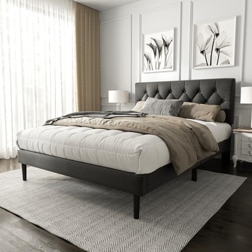 Queen Size Platform Bed Frame with Upholstered Headboard, Wooden Slat Support - Dark Grey