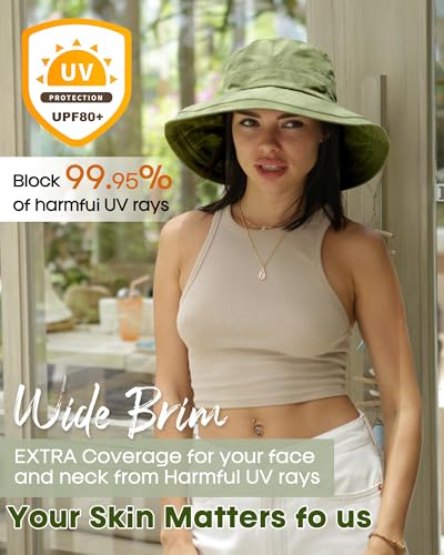 Sun Hats for Women Gardening Hat Wide Brim Ponytail Beach Sun Protection Breathable Cotton Summer Hat with Fold-Up Brim Green