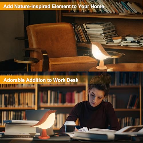 Image of Deogos 2 Cute Bird Lamps Combo,Small Bedside Lamps with 3 Color Temperature and Adjustable Brightness,Rechargeable Cordless Lamp for Bedroom Nightstand Bedside Table (Wood Tone + Red)