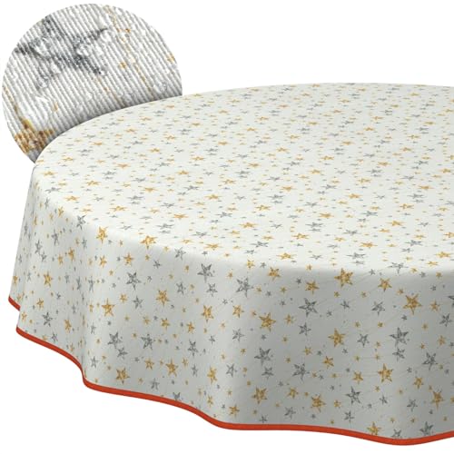 Mantel navideño de tela, lavable, fácil de limpiar, diseño de estrellas, redondo, 120 cm, con dobladillo (ribeteado)