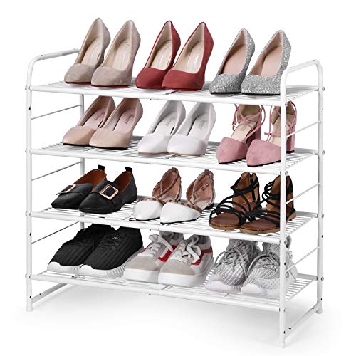 Image of Simple Trending 4-Tier Stackable Shoe Rack, Expandable & Adjustable Shoe Organizer Storage Shelf, Wire Grid, White