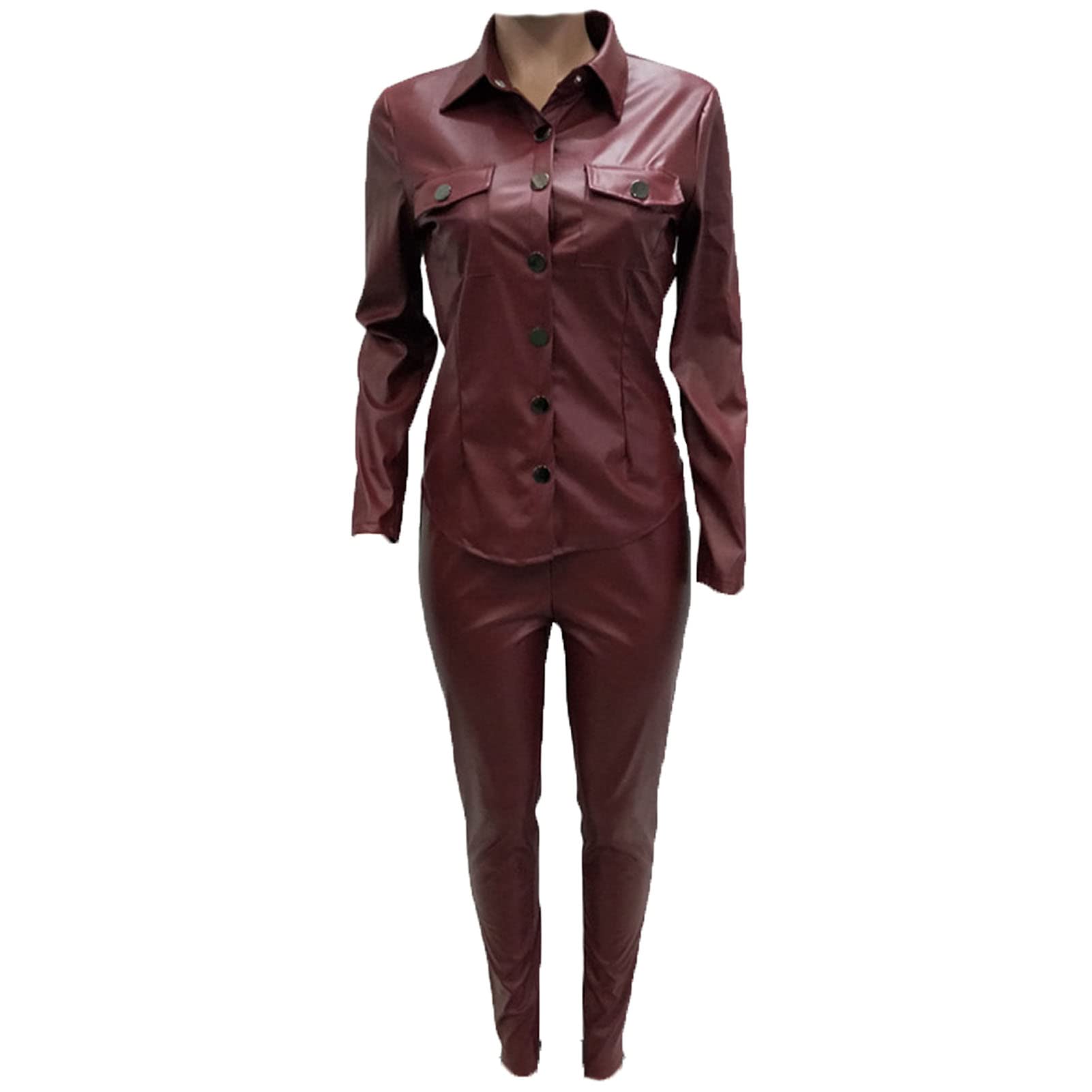 Women's PU Faux Leather 2 Piece Outfits V Neck Long Sleeve Crop Top + Stacked Pants Set (Red,X-Large)