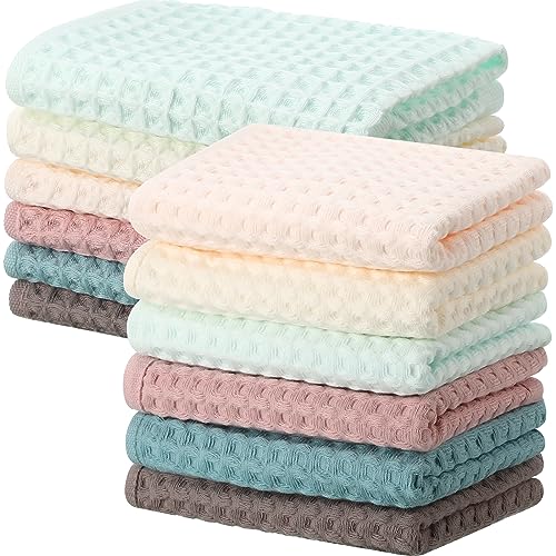 Preboun 12 Pcs Cotton Kitchen Towels Waffle Weave Dish Towels, 13 x 29 Inch 13 x 13 Inch, Absorbent Kitchen Hand Towels Fast Drying Lightweight Washcloths Multicolor Dish Rag Reusable Cleaning Cloths