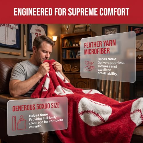 Image of Ultra Soft Cozy Happy Baseball Sports Knitted Throw Blanket Fluffy Microfiber Bed Blanket Lightweight Both Sides Blanket for Couch Sofa Bed Red