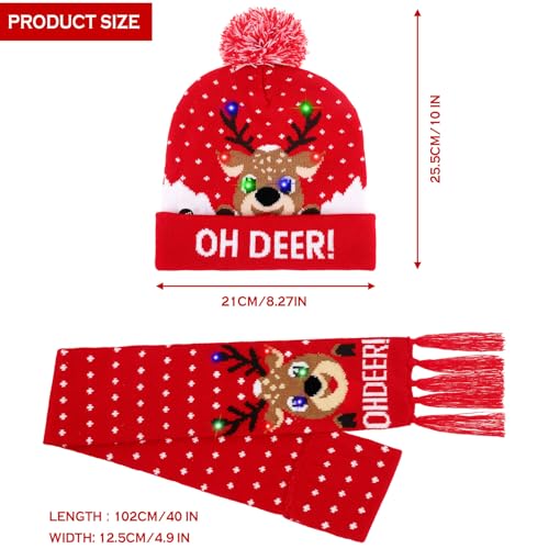 Syhood 2 Pieces LED Light up Christmas Hat Lights Scarf Set Xmas Flashing Beanie Cap Knitted Scarf for Christmas Holiday Party (Deer) by Syhood - Image 2