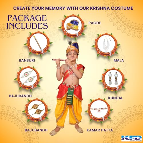 Image of Kaku Fancy Dresses Krishna Costume With Dhoti For Boy /Janmashtami /Bal Gopal Dress /Kanha Costume /Bal Krishna /Mythological Costume For Boy - Yellow-Red, 1-2 Years