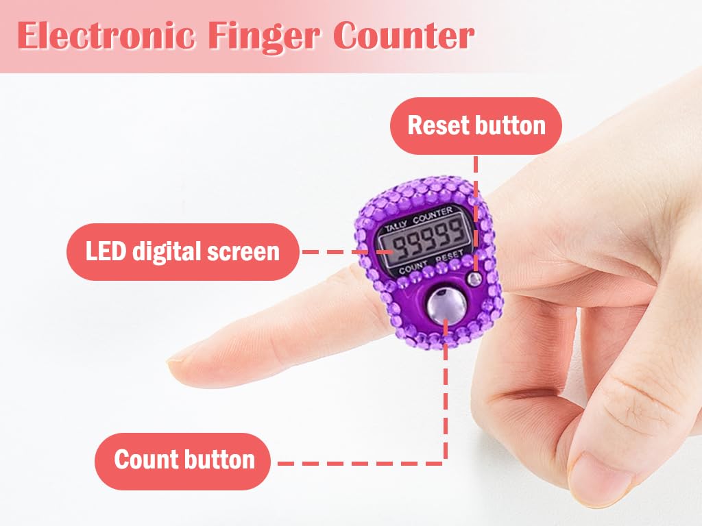 Hitopin 8PCS Electronic Finger Counter, Electronic Handheld Tally Counter, Digital Electronic Tasbeeh Counters, Manual Digital Clicker, for Row People, Score, Inventory, Store (Purple,Red)