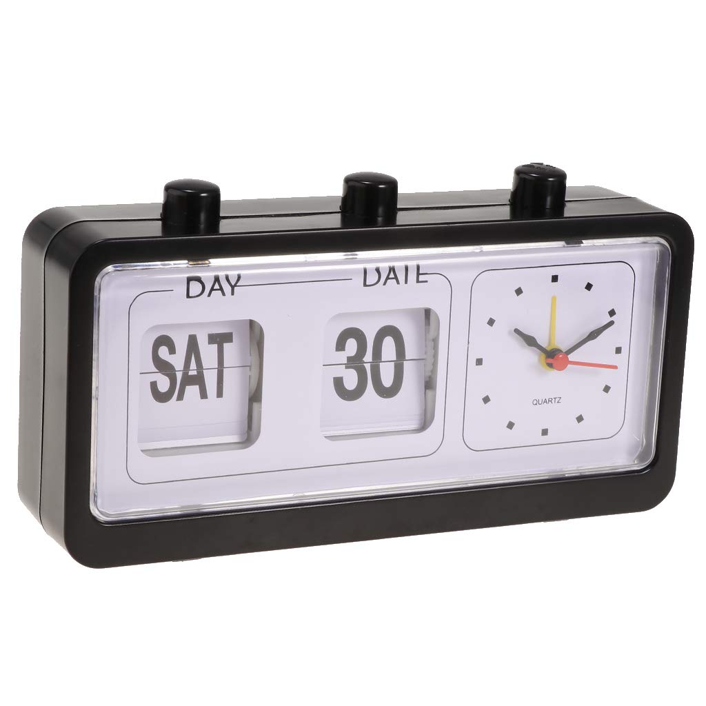 PETSOLA Retro Vintage Calendar Flip Alarm Clock With Three Press Button Black/White - Black, 20x5x10.8cm