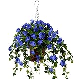 Hanging Basket with Artificial Vine Silk Petunias Flower for Outdoor/Indoor,Artificial Hanging Plant in Basket,Morning Glories Ivy Basket Artificial Hanging Plant for Patio Lawn Garden Decor (Blue)