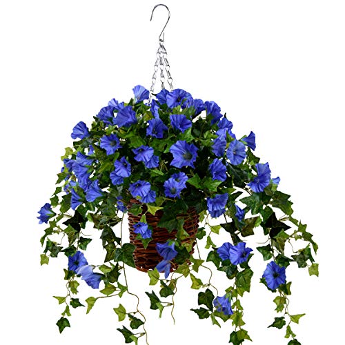 Hanging Basket With Artificial Vine Silk Petunias Flower For Outdoor/Indoor,Artificial Hanging Plant In Basket,Morning Glories Coconut Lining Basket Hanging Plant For Patio Lawn Garden Decor (Blue) #TOP25