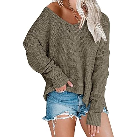 LAICIGO Women’s Off Shoulder Knit Sweaters Oversized V Neck Batwing Sleeve Loose Lightweight Pullover Tops (Medium, Coffee) Cover