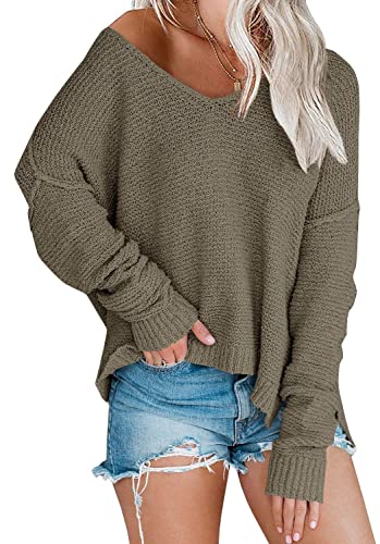 Image of Women's Off Shoulder Knit Sweaters Oversized V Neck Long Sleeve Loose Lightweight Pullover Tops