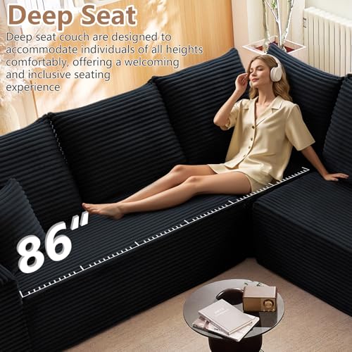 Image of Oversized Modular Sectional Sofa Couch, Large 5 Seater Corner Sofa Modern V Shaped Sectional Couch Cloud Couches for Living Room, Office, Spacious Space, Corduroy, No Assembly Required, Black