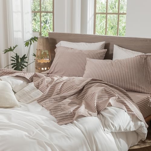 Image of MooMee Striped Sheet Set 100% Washed Cotton Linen Like Full