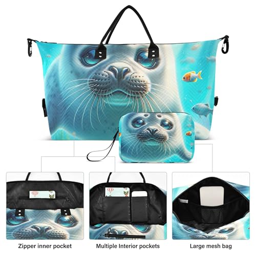 Cute Seal Animal Prints Duffle Travel Bag Cosmetic Pouch Set of 2, Cute Print Sports Bag Weekend Bag Duffel2