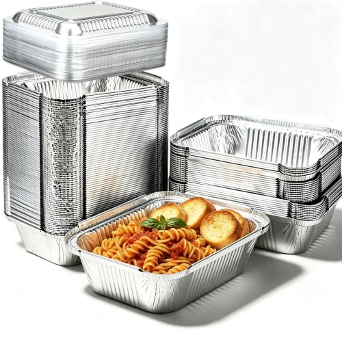 100 Pack Disposable Small Aluminum Pans with Dome Lids 1 Lb Mini Foil Pans