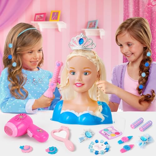 52PCS Schminkpuppe Frisierkopf Kinder Puppenkopf mit Krone Haartrockner Glätteisen Haarnadeln Schminke Haarstyling Zubehör Hairdressing Kinderschminke Spielzeug Geschenk für Mädchen ab 3 4 5 6 Jahre