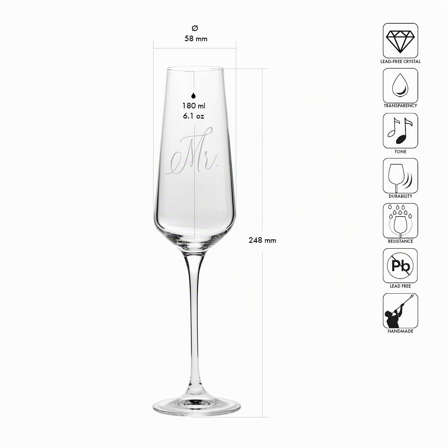 Krosno – Bicchieri per champagne e prosecco Mr & Mrs 180 ml – set da 2 pezzi – Realizzati a mano – Vetro di cristallo – Decorazione bianca opaca – Per matrimonio e regalo di coppia