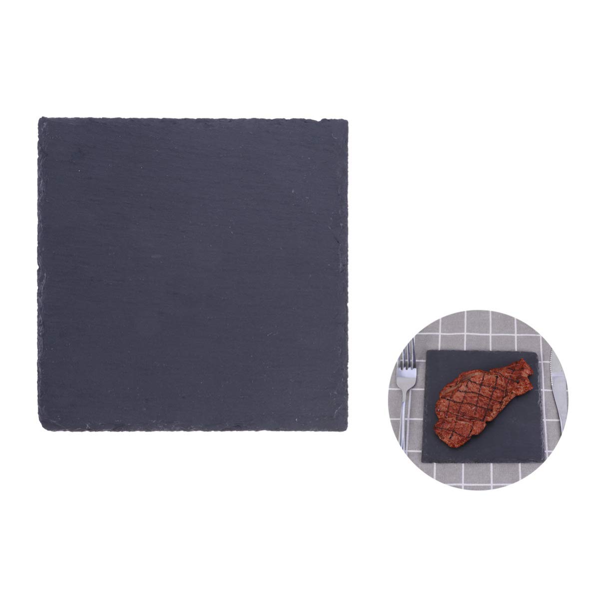 Plato de piedra de pizarra de 20 x 20 cm, ideal para postres de comida occidental, carne, pizza, queso y pastelería, perfecto para uso en el hogar, restaurante y cocina