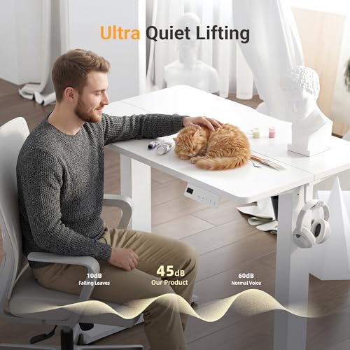Image of YDN 32 inch Small Electric Standing Desk Adjustable Height, Sit Stand up Desk with Memory Presets & Cable Management, Home Office Desk for Office & Computer Workstation, White Frame /White Top