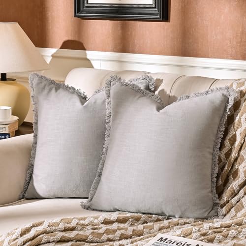 AmHoo Pack of 2 Linen Pillow Covers with Tassels Fringed Decorative Rustic Natural Throw Pillowcase Cushion for Couch Sofa Bedroom 20 x 20-Inch Light Grey