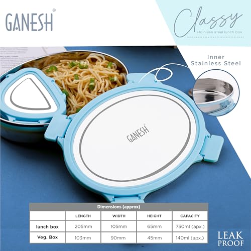 Image of Ganesh Classy Stainless Steel Lunch Box Container with Airtight Lid for Office & School Use /Food Grade /Air Tight /Easy to Carry /Leak Proof (800ml +150ml) Blue