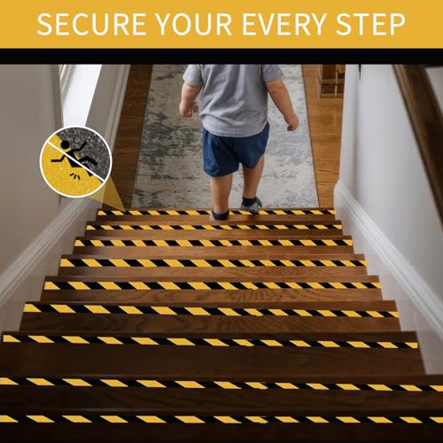 Image of Black & Yellow Anti-Slip Stair Treads Tape, 1 inch x35FT Heavy Duty Non-Skid Grip Tape for Indoor /Outdoor Steps, Bathroom & Pool - PVC Waterproof Safety Traction Tape