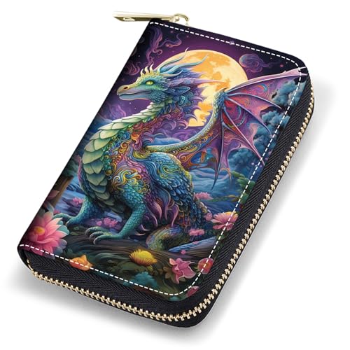 Credit Card Holder Wallets for Women, RFID Blocking Small Leather Card Case Wallet with Zipper Accordion Wallets, Dragon