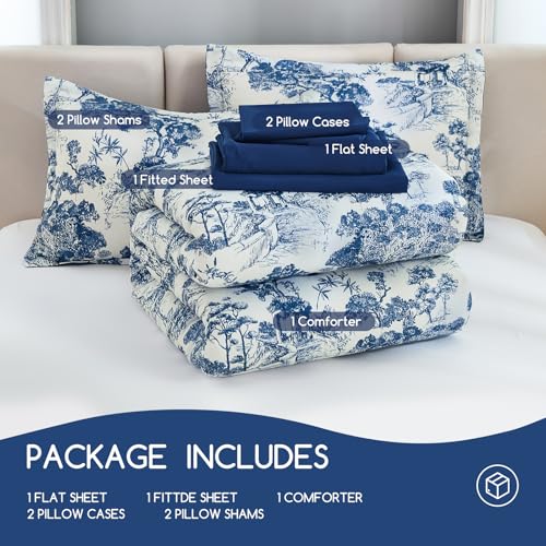 Image of DJY Navy Blue Comforter Set Queen Size,7 Pieces Bed in a Bag Botanical Comforters with Sheets Elegant Plants Print Soft Microfiber Reversible Complete Bedding Sets for All Season