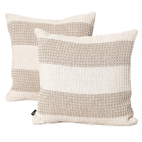 Chardin home Waffle Stripe Boho Pillow Cover, Handwoven Decorative Throw Pillow (Set of 2). Soft Warm Cotton Woven Square Pillow Covers for Couch Sofa Bedroom, Size: 18”x18”, Color: Beige/Off White