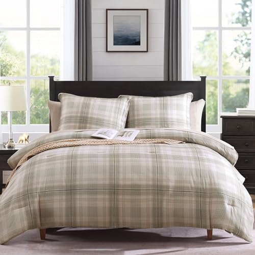 Image of MaiReve Plaid Queen Comforter Sets, Khaki Green Grid Farmhouse Bedding Set Bed in A Bag, Classic Checkered Comforter Sets with Fitted & Flat Sheet, Pillowcases & Shams 90 inchx90 inch