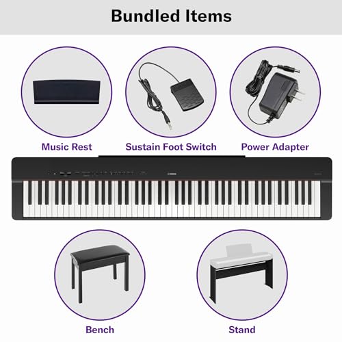 Image of Yamaha P-225BLB Deluxe Digital Piano Bundle, Includes 88-Key Digital Piano with Weighted Keys, Stand, Standard Piano Bench, Music Rest, Sustain Foot Switch, and Built-In Speakers, Black | 88-Key Ghc Weighted Keys, Yamaha Cfx, 192-Note Polyphony, Built-in Speakers, Includes Stand, Bench, Sustain Pedal