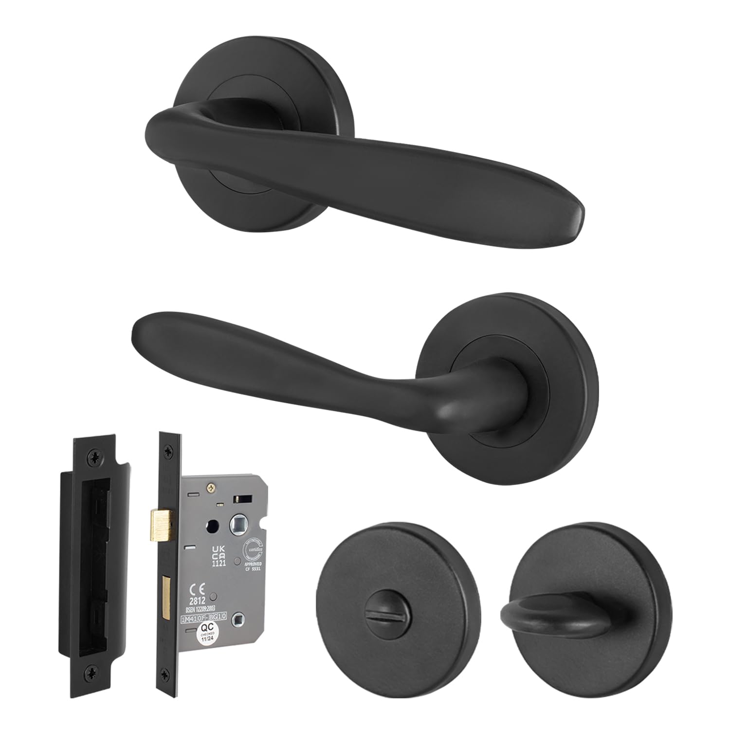 EAI Black Bathroom Door Handle Set, 1 Pair of Matt Black Internal Round Rose Door Handles, Lock 64mm - Sarno Sarno Range โ image 1
