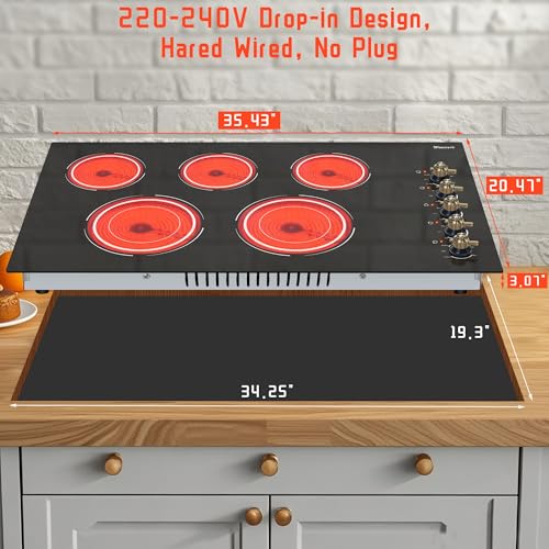 Image of Electric Cooktop 34.25 Inch(Cut-out Size: 34.25 inchx19.3 inch) - 5 Burner Electric Stove Top with 8400W, 36 Inches Built-in Ceramic Stove, Overheat Indicator, Knob Control, 220V - 240V Hard Wired