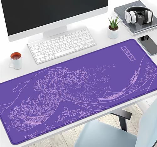 Image of IMAYONDIA Great Wave Large Gaming Mouse Pad, Purple Minimalist Japanese Desk Mat, Gamer Aesthetic Extended Mousepad Cute, Non-Slip Rubber Base Lilac Desk Pad for Office- 31.5 X 11.8 Inch