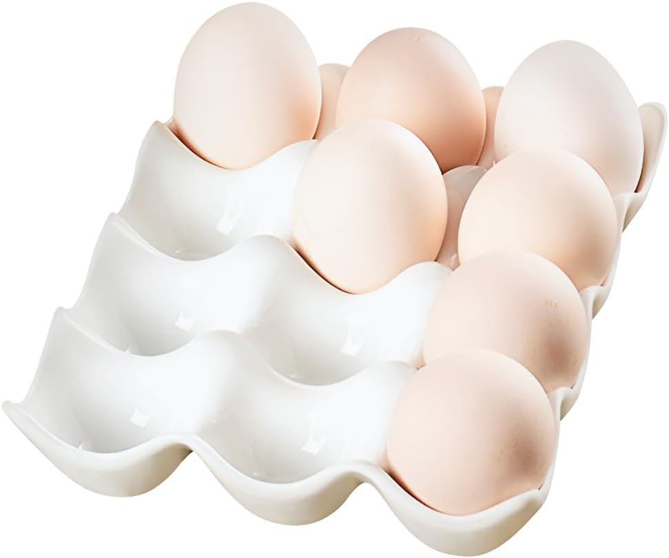 Ceramic Egg Holder Tray 12 Cups Whole Dozen Porcelain Eggs Container Crate Keeper for Countertop Kitchen Storage Fridge Decorative Serving Display