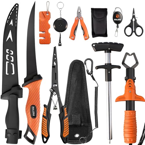 RALERA Fillet Knife Set for Beginner Fishing Pliers Precisely Fish Measuring Tape Non Slip Grip Fishing Knife Saltwater Fishing Accessories Great Value Fishing Tackle (9pc Fishing Tool kit)