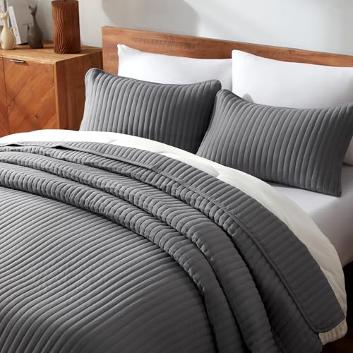 SLEEP ZONE Quilt Sets, Bedspread Bed Coverlets for All Season - Washed Microfiber - Lightweight Quilt Full/Queen Size (90x96 inch | 2 Pillow Shams, Straight Line Gray)