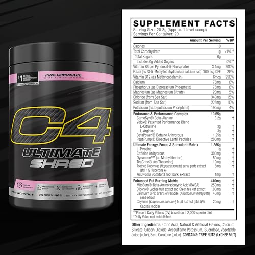 Image of Cellucor C4 Ultimate Shred Pre Workout Powder, Metabolism Supplement with Cayenne Extract+300mg Caffeine+TeaCrine+Dynamine - Pink Lemonade, 20 Servings