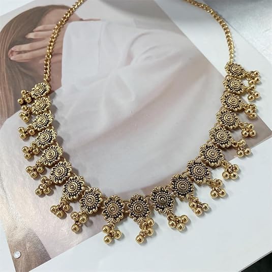 Indian Jewelry Sets for Women Bollywood Traditional Exaggerated Short Choker Necklace Antique Gold Vintage Boho Oxidized Ethnic Crystal Bell Tassel Dangle Earrings Jhumka Jhumk Collar Statement Wedding Bridal Costume Gifts - Image 2