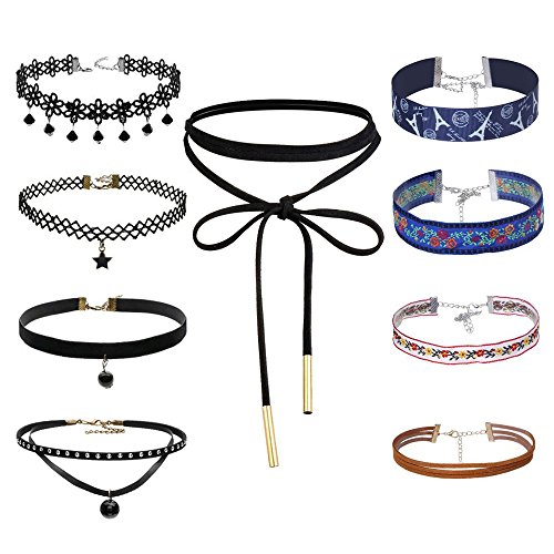 Longra 9 piezas de collar de estrangulación Set Stretch Velvet Classic Gothic Tattoo Lace Choker Necklace