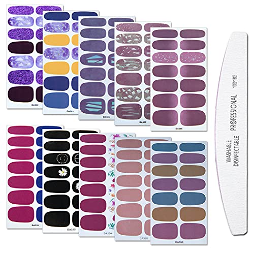 WOKOTO 10 Sheets Solid Color Nail Art Polish Stickers Strips Set with 1Pc Nail File Adhesive Nail Wraps Decals Tips Manicure Design for Women