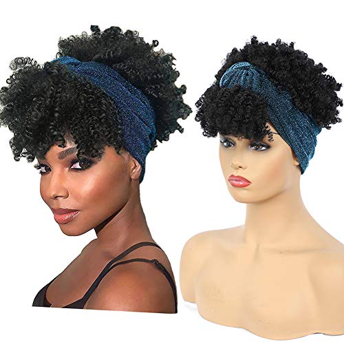 Afro Curly Headwrap Wigs 2 in 1 for Black Women High Puff Headband Wigs with Bangs Afro Kinky Curly Wigs for Black Women Synthetic Short Curly Headwrap Turban Wigs (J261)