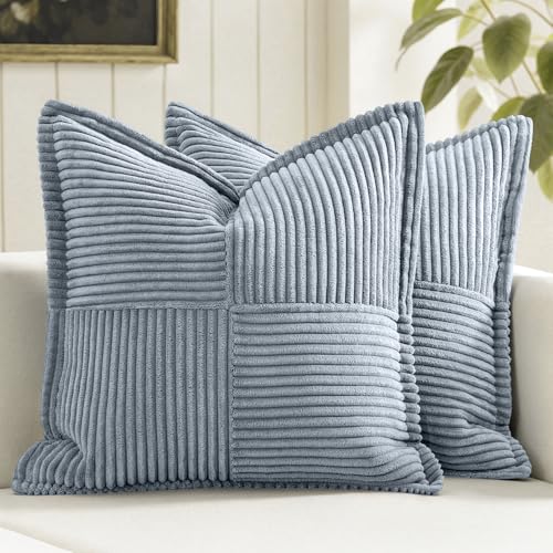 Image of MIULEE Decorative Throw Pillow Covers for Couch Bed Livingroom 20x20 Inch Set of 2 Dustyblue Boho Accent Throw Pllows Broadside Striped Patchwork Soft Corduroy Pillowcases