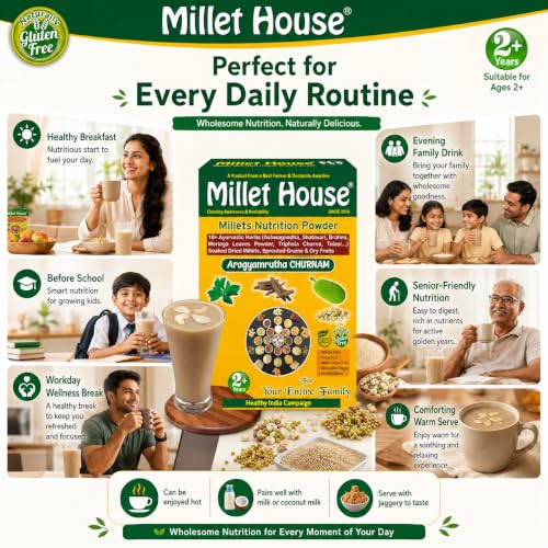 Image of Millet House Millets Nutrition Powder 400 Gram | Arogyamrutha Churnam 100% Organic Indian Traditional Recipe | Healthy Siri dhanya Millet Powder | Millet Health Mix (2+ Years) (Pack of 1, 400 grams)