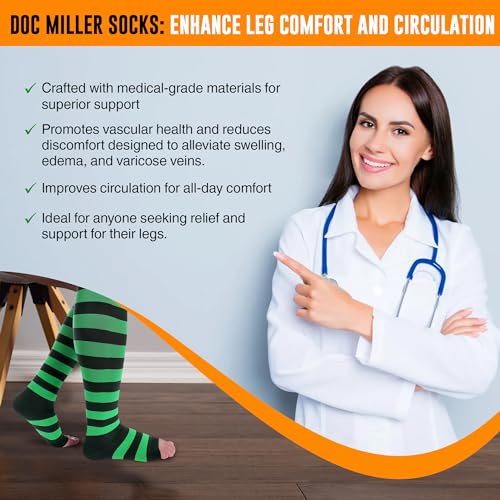 Image of Doc Miller Open Toe Compression Socks 15-20 mmHg for Women & Men, 1 Pair | Toeless Knee High, Wide Calf Stockings, Pregnancy, Varicose Veins, Shin Splints, Swelling, Recovery, Travel, Daily Wear