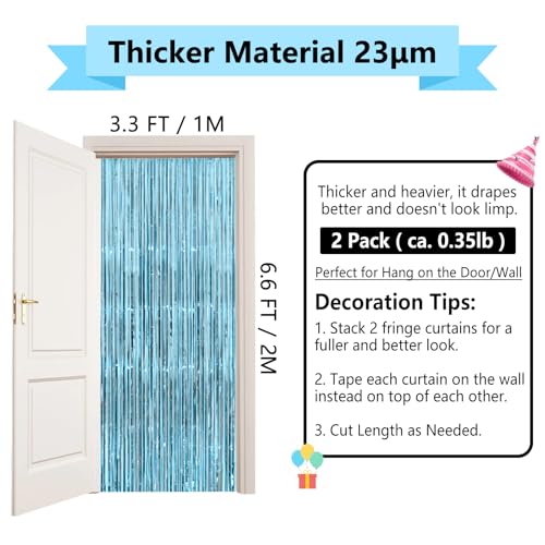 Image of Light Blue Tinsel Backdrop Curtains - Thicken 2 Pack 3.2 x 8.2 FT - Blue Streamers for Birthday, Frozen, Under the Sea, Pool, Beach, Ocean Themed Party Decorations